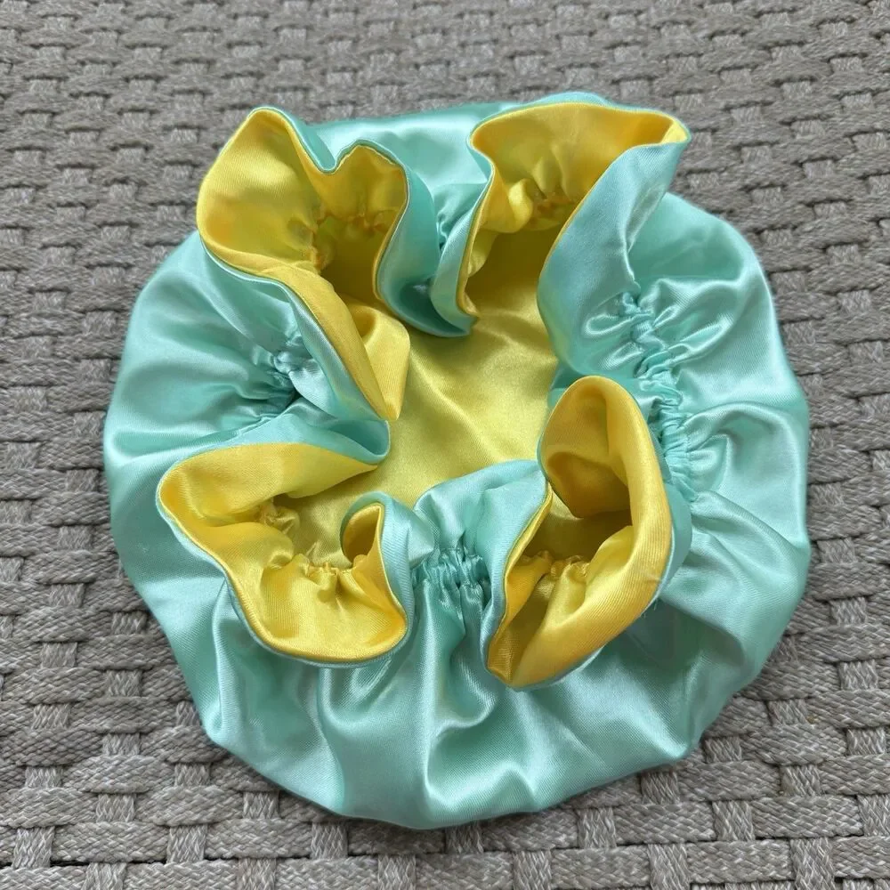 Reversible Satin Sleep Bonnet – Blue & Yellow– Extra Large, Elastic Fit
